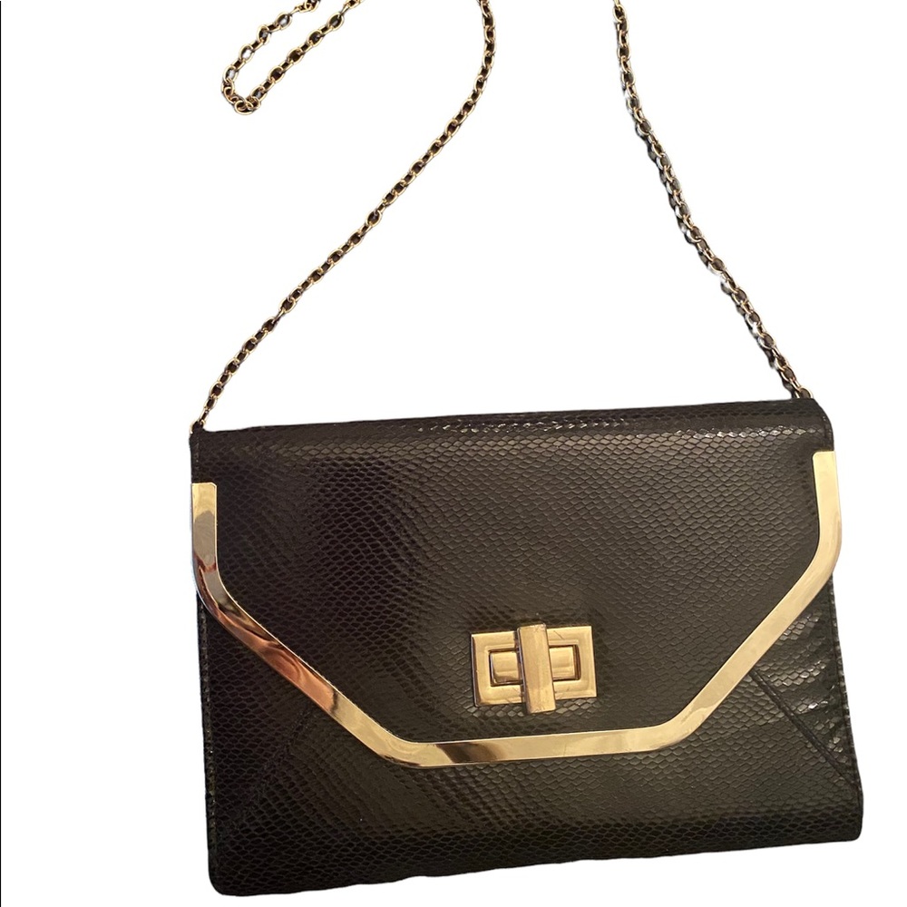 Black crossbody purse with gold chain